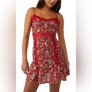 NWT Free People Last Night Mini Slip Dress in Cherry Combo Sz M.